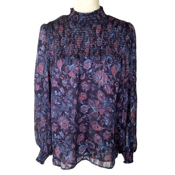 JOIE Purple Floral Metallic Silver Smocked High Neck Balloon Sleeve Blouse - M - Picture 1 of 12